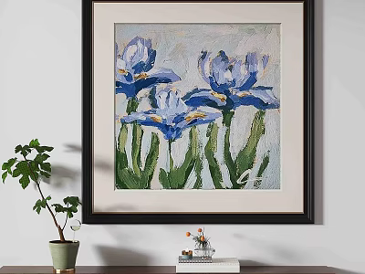 Elegant Framed Oil Painting of Three Blue Irises Hanging on Wall 3d model