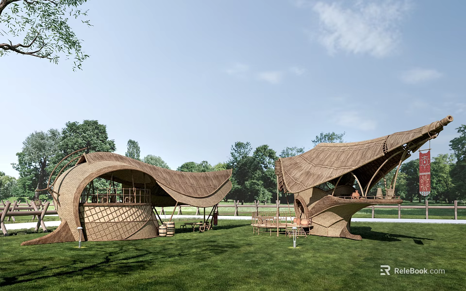 Bamboo Wooden Houses With Curved Roofs Surrounded By Green Grass And Trees 3d model 