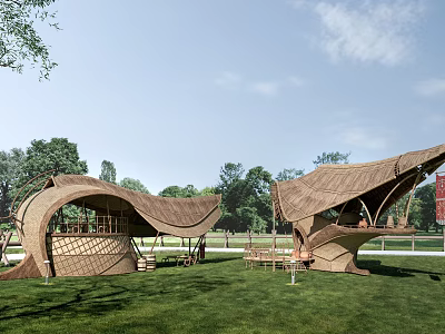 Bamboo Wooden Houses With Curved Roofs Surrounded By Green Grass And Trees 3d model