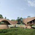 Bamboo Wooden Houses With Curved Roofs Surrounded By Green Grass And Trees