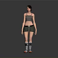 Woman wearing gray tank top gray skirt knee-high socks and sneakers with orange soles