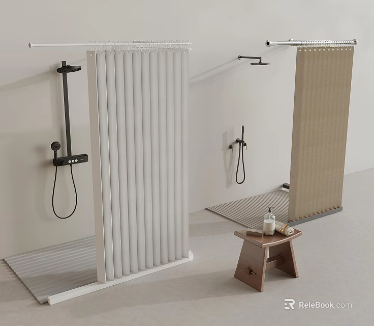 Modern Bathroom Shower Screen With Vertical Stripes Shower Rod And Wooden Stool Bath Products 3d model 