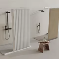 Modern Bathroom Shower Screen With Vertical Stripes Shower Rod And Wooden Stool Bath Products