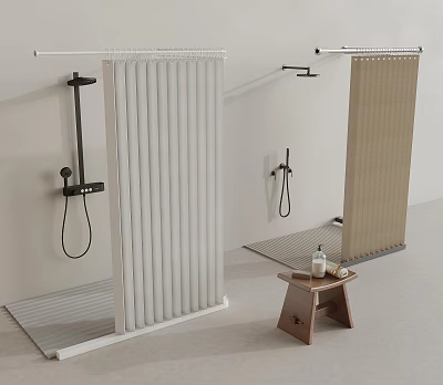 Modern Bathroom Shower Screen With Vertical Stripes Shower Rod And Wooden Stool Bath Products 3d model
