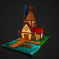 Cartoon House with Red Pointed Roof Chimney Wooden Dock Small Boat Pond and Green Grass
