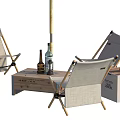 Outdoor Folding Table And Canvas Chairs Set With Wooden Frame And Wine Bottles