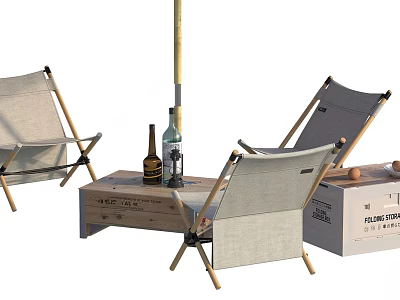 Outdoor Folding Table And Canvas Chairs Set With Wooden Frame And Wine Bottles 3d model