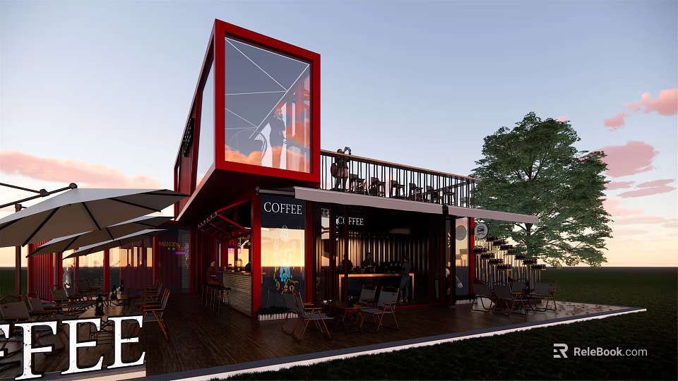 Modern Red Container Building Coffee Shop With Outdoor Terrace And Large Windows 3d model 