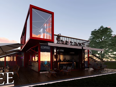 Modern Red Container Building Coffee Shop With Outdoor Terrace And Large Windows 3d model