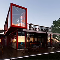 Modern Red Container Building Coffee Shop With Outdoor Terrace And Large Windows