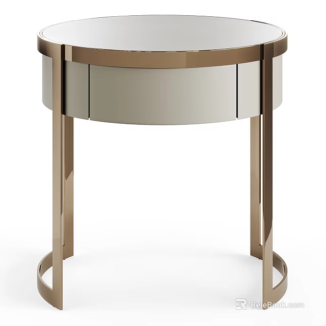 Elegant Modern Bedside Table With Round Top Gold Metal Frame And Beige Drawer 3d model 