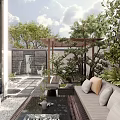 Lush Green Feature Wall With Purple Flowers And Outdoor Sofa In Garden Patio