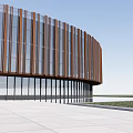 Modern Circular Museum Building Featuring Wooden Striped Facade And Reflecting Pool With Clear Water Reflection