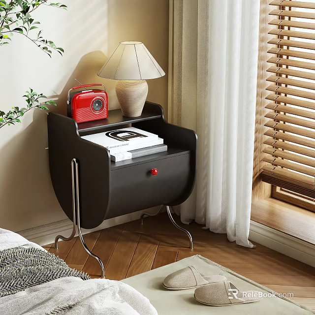 Black Bedside Table with Red Radio Lamp and Books on Wooden Floor with White Curtains 3d model 