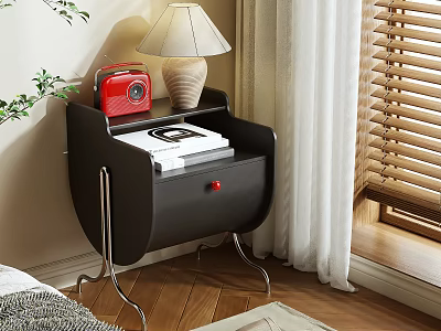 Black Bedside Table with Red Radio Lamp and Books on Wooden Floor with White Curtains 3d model