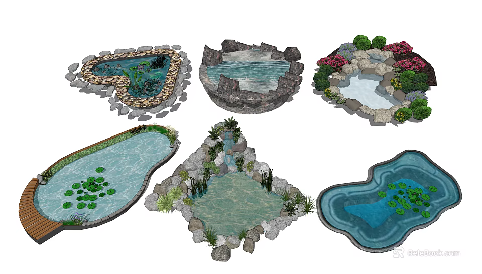 Garden Water Fountain Designs With Various Shapes Stones Plants And Water Lilies 3d model 