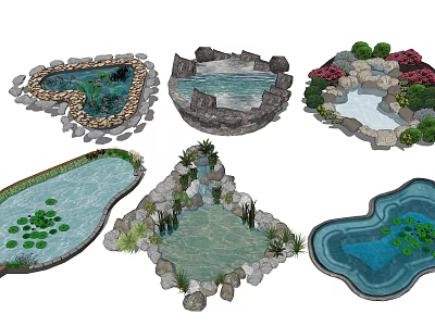 Garden Water Fountain Designs With Various Shapes Stones Plants And Water Lilies 3d model