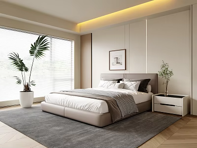 Modern Bedroom With Large Bed White Gray Bedding Floor to Ceiling Windows And Potted Plant 3d model