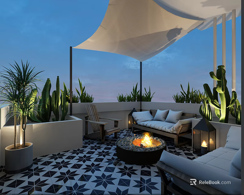 Evening Terrace Garden With White Awning Geometric Flooring Fire Pit Sofa Lantern And Plants 3d model 