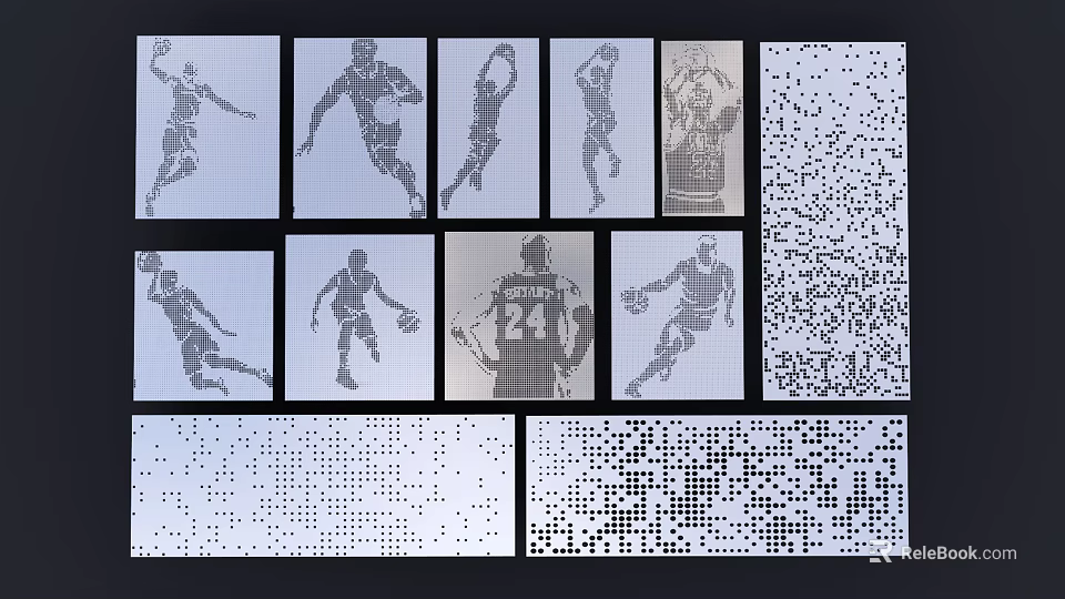 Basketball Player Silhouettes And Dot Pattern Art Designs For Wall Decorative Use 3d model