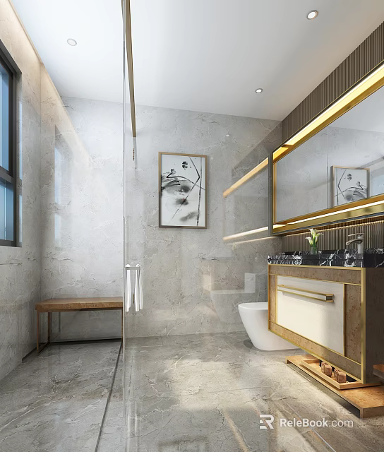 Luxury Modern Bathroom Interior Design With Natural Marble Decoration And Golden Accent Vanity Mirror 3d model 