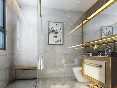 Luxury Modern Bathroom Interior Design With Natural Marble Decoration And Golden Accent Vanity Mirror 3d model