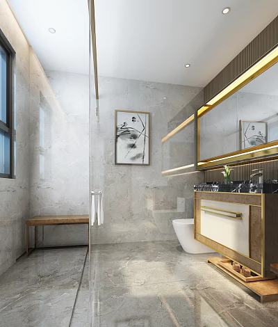 Luxury Modern Bathroom Interior Design With Natural Marble Decoration And Golden Accent Vanity Mirror 3d model