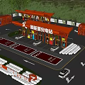 Parking Lot Featuring Orange Buildings Marked Spaces Cars Directional Arrows And Greenery