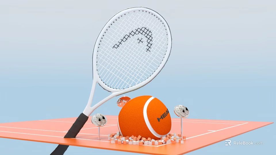 Tretorn Brand Commercial Tennis Equipment With Racket Orange Ball And Silver Decorations On Orange Platform 3d model 