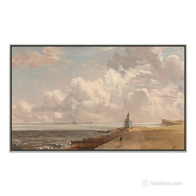 Vintage Landscape Painting With Dramatic Sky Clouds Lighthouse Sea Ships And Shore Figure 3d model 