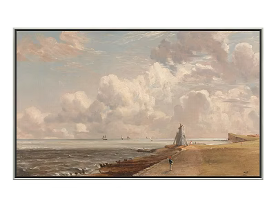 Vintage Landscape Painting With Dramatic Sky Clouds Lighthouse Sea Ships And Shore Figure 3d model