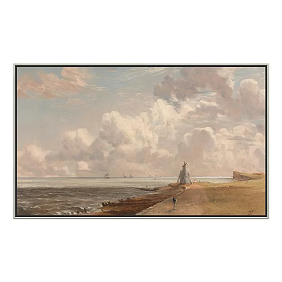 Vintage Landscape Painting With Dramatic Sky Clouds Lighthouse Sea Ships And Shore Figure 3d model