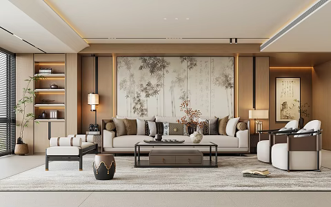 Zen New Chinese Style Living Room Sofa Coffee Table Combination Table Lamp Hanging Line Leisure Chair Balcony Display Cabinet Song Dynasty Aesthetic Sofa Background 3d model