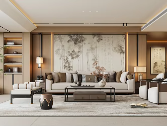 Zen New Chinese Style Living Room Sofa Coffee Table Combination Table Lamp Hanging Line Leisure Chair Balcony Display Cabinet Song Dynasty Aesthetic Sofa Background 3d model