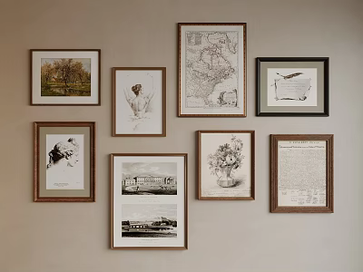 Beige Wall With Various Framed Artworks Including Map Portrait Building And Flowers 3d model