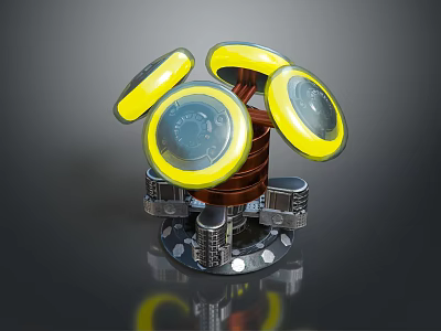 Futuristic Device Featuring Three Yellow Translucent Rings And Metallic Base 3d model