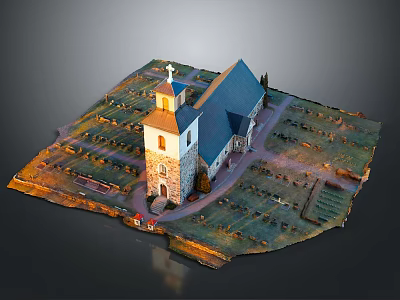 Detailed Traditional Church Building With Steeple Cross And Surrounding Graveyard Layout 3d model