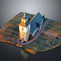 Detailed Traditional Church Building With Steeple Cross And Surrounding Graveyard Layout