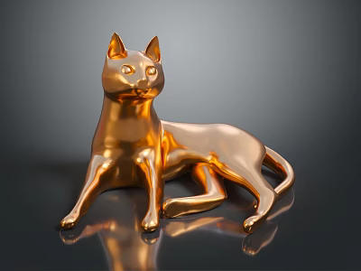 Golden Cat Statue with Metallic Finish in Reclining Pose and Reflection 3d model