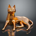 Golden Cat Statue with Metallic Finish in Reclining Pose and Reflection