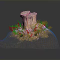 Natural Wooden Tree Stump Decor With Rocky Ground And Green Grass