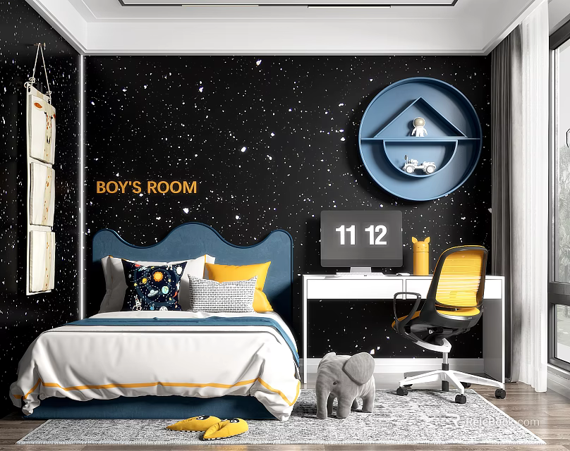 Boy's Room Interior With Starry Black Wall Blue Headboard Desk Yellow Chair And Elephant Toy 3d model 