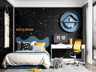 Boy's Room Interior With Starry Black Wall Blue Headboard Desk Yellow Chair And Elephant Toy 3d model