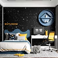 Boy's Room Interior With Starry Black Wall Blue Headboard Desk Yellow Chair And Elephant Toy