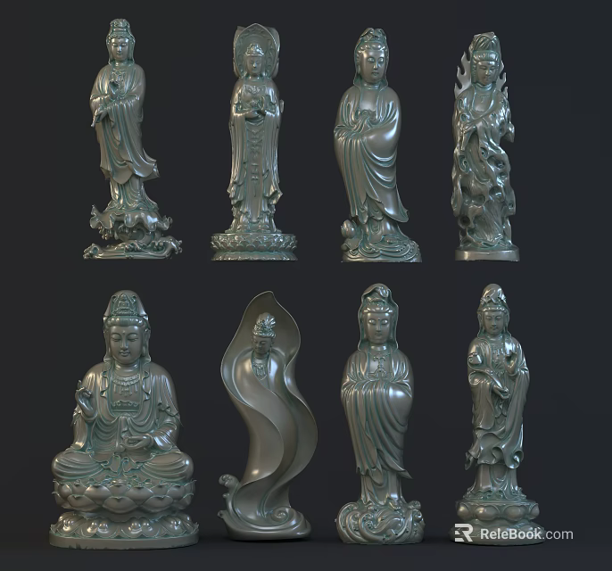 Detailed Bronze Sculptures Carvings Art Collection Various Standing Seated Postures 3d model 