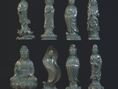 Detailed Bronze Sculptures Carvings Art Collection Various Standing Seated Postures 3d model