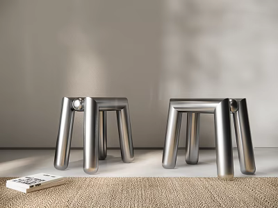 Modern Silver Metal Sofa Stools With Geometric Legs In Minimalist Living Space 3d model