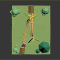 3D Miniature Amusement Park Landscape With Roller Coaster Red Car Green Trees And Small Buildings