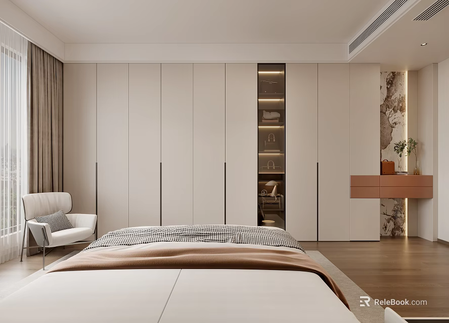 Modern Wardrobe Design In Bedroom Interior With Built In Shelves And Lighting 3d model 