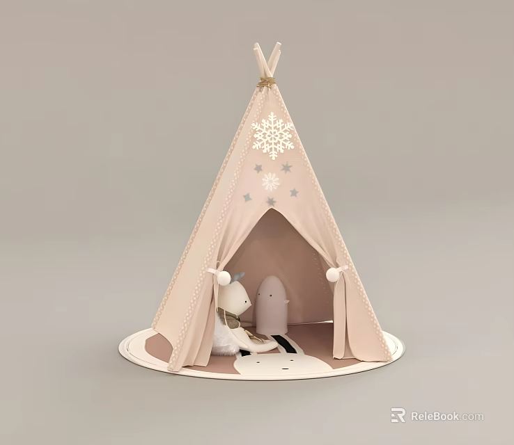 Pink Teepee Interior With Snowflake Star Decorations And Small Animal Toys 3d model 